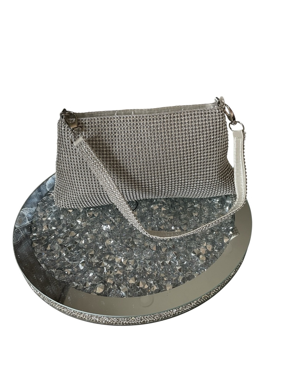 Silver rhinestone Mesh Evening Clutch with Detachable Strap